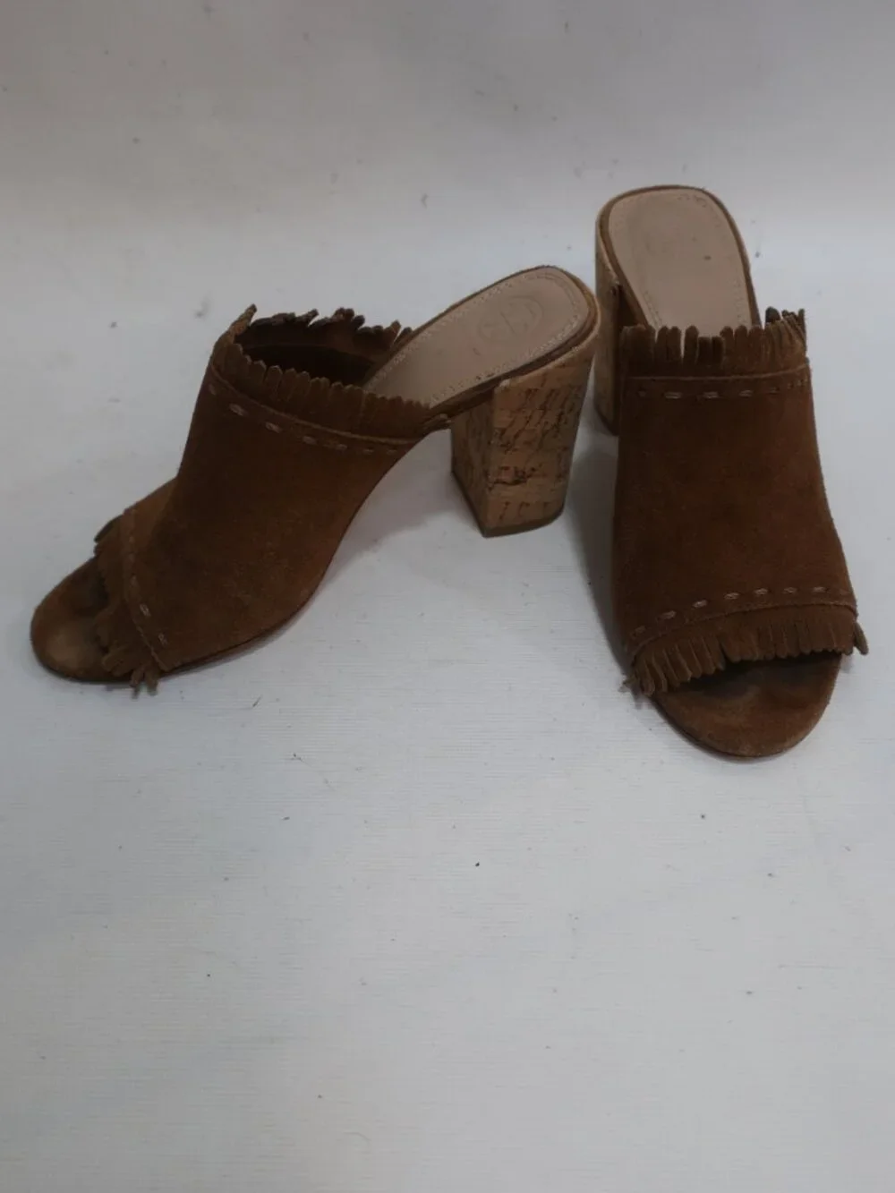Womens Tory Burch Huntington Brown Fringed Suede Cork Block Heeled Sandals 7.5